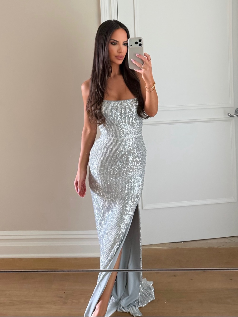 Silver Sequin Strapless Evening Gown by nookie